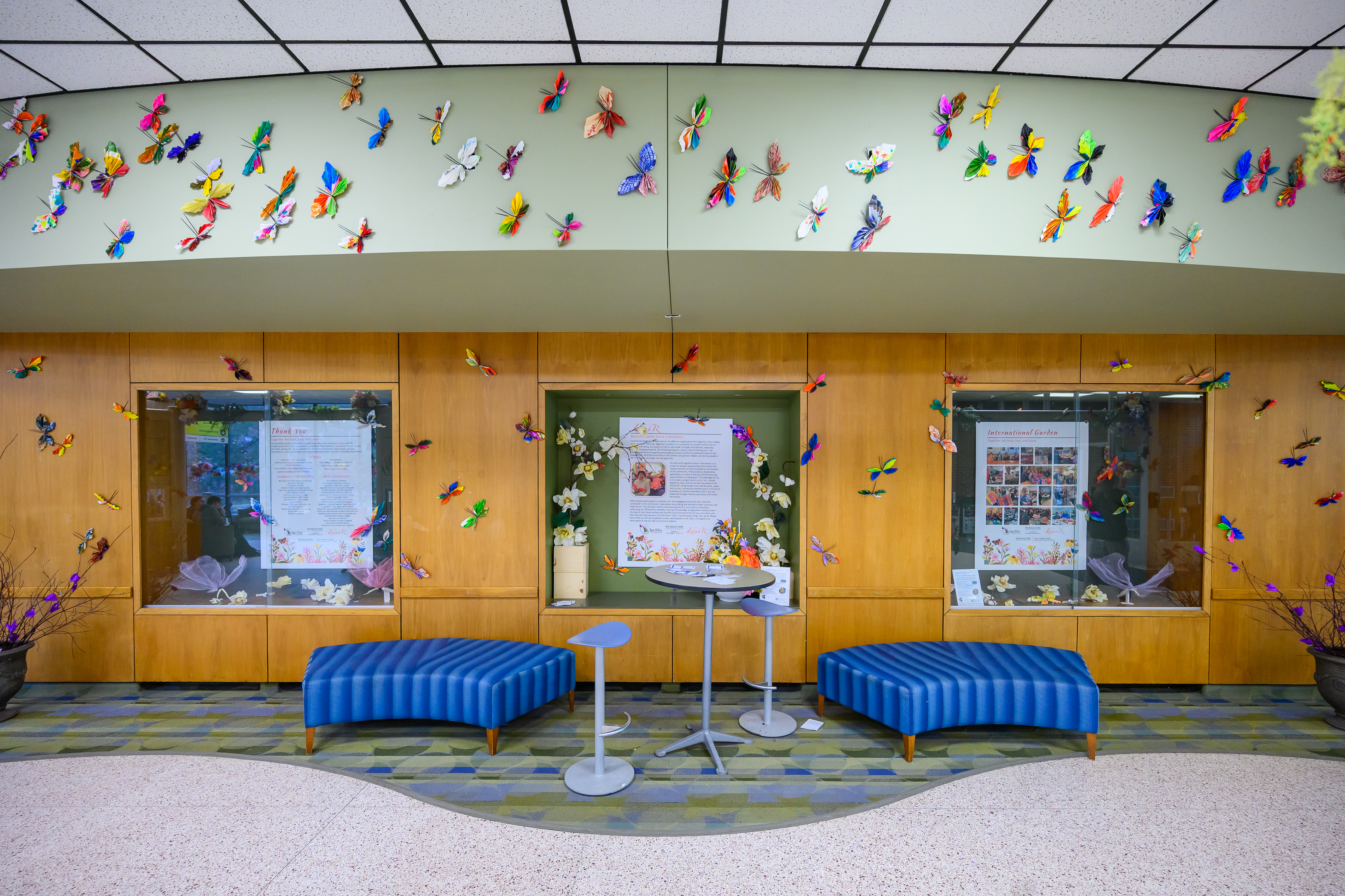 ISP Butterfly Garden; credit: Dane Robinson; South Wall of the International Center decorated with butterflies and flowers. Two blue benches.